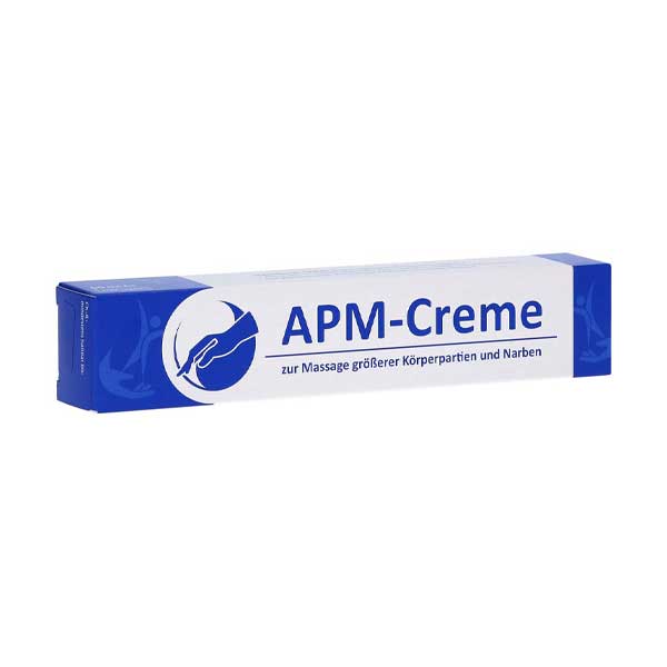 Blaue Verpackung der APM Creme von Willy Penzel mit einer Darstellung von Hand und Bein.