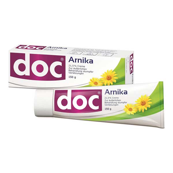 Verpackung und Tube der doc® Arnika Creme mit Darstellung von Arnika-Blüten.Beschreibung: Die doc® Arnika Creme mit 150g Inhalt dient zur Behandlung von Blessuren und Sportverletzungen. Sie basiert auf pflanzlichen Inhaltsstoffen und bietet Linderung bei Schwellungen und Prellungen durch ihre abschwellenden und entzündungshemmenden Eigenschaften.