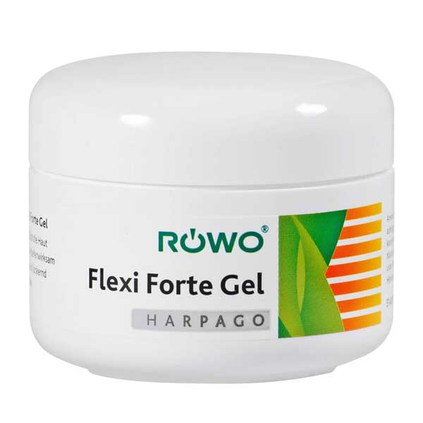 Close-up image of RÖWO Flexi Forte Gel 100ml container, prominently featuring the brand and product name.