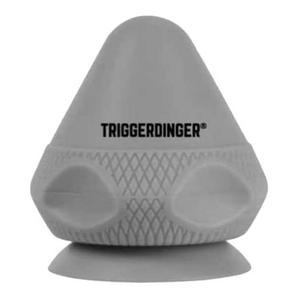 Ein grauer, dreieckiger Triggerdinger® mit dem Markenlogo darauf und einer strukturierten Oberfläche, unten mit einem Saugnapf.